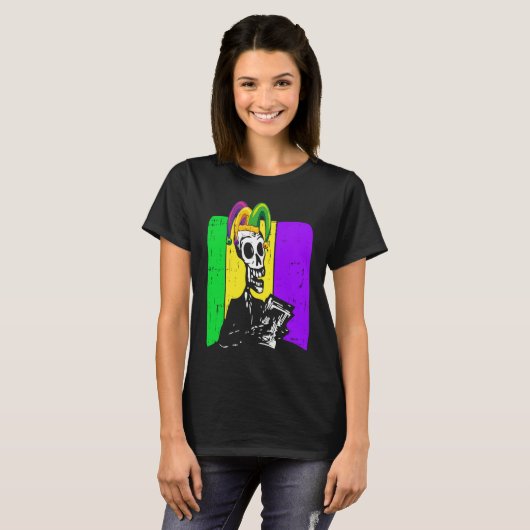 Jester Skeleton Reading Book Mardi Gras Reader Boo T-shirt (Voorkant volledig)