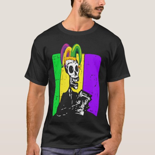 Jester Skeleton Reading Book Mardi Gras Reader Boo T-shirt (Voorkant)