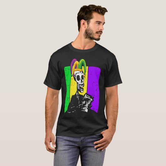 Jester Skeleton Reading Book Mardi Gras Reader Boo T-shirt (Voorkant volledig)