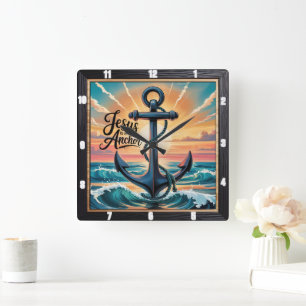 Jesus Anchor Waves Zonsondergang Vierkante Klok
