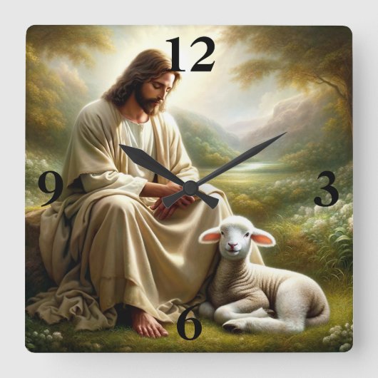 Jesus and Lamb Vierkante Klok (Voorkant)