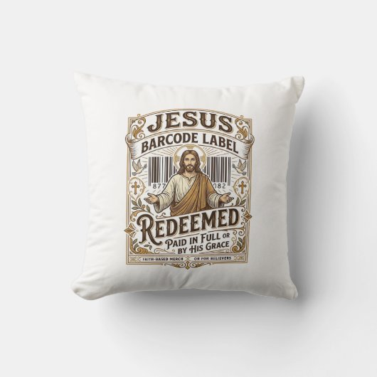 Jesus Barcode Label Verlost Jesus Barcode Verlos Kussen (Voorkant)