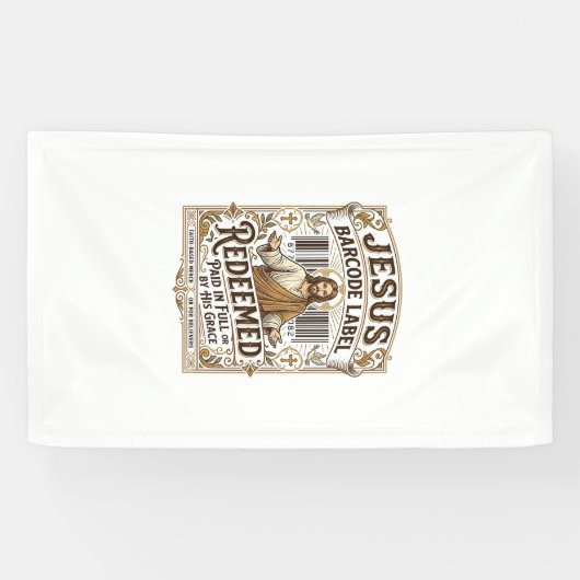 Jesus Barcode Label Verlost Jesus Barcode Verlos Spandoek (Horizontaal)