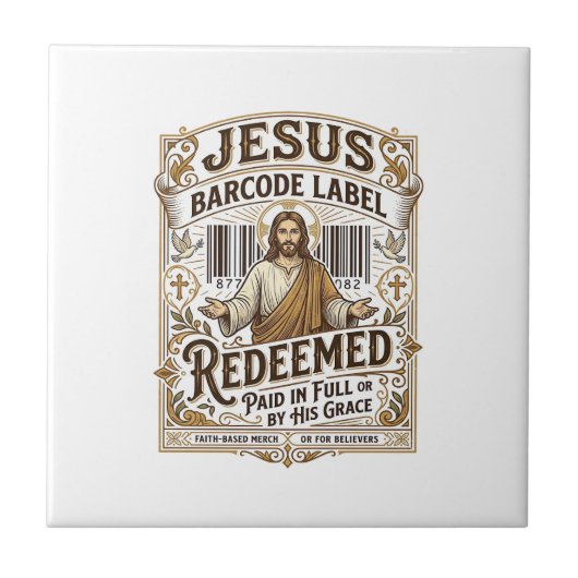 Jesus Barcode Label Vrijgekocht Jesus Barcode Vrij Tegeltje (Voorkant)