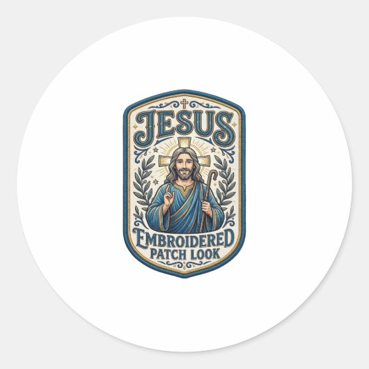 Jesus Borduurpatch Kijk Jezus Geborduurde Patch Ronde Sticker (Voorkant)