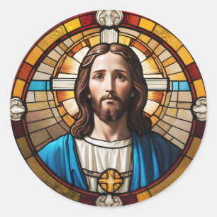 Jesus Christ Circular Faux Glas in lood Ronde Sticker