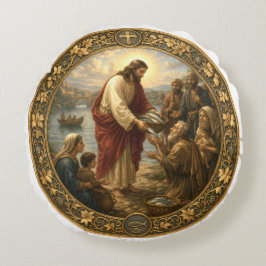 Jesus Christ feeding fish to the poor Rond Kussen