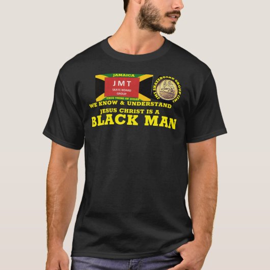 JESUS CHRIST IS EEN ZWART MAN basic donker T-shirt (Voorkant)