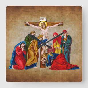 JESUS CHRIST ON CROSS CLOCK VIERKANTE KLOK