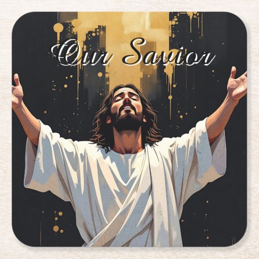 Jesus Christ Our Savior | Black and Gold Kartonnen Onderzetters (Voorkant)