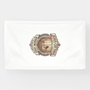 Jesus Cottage Raam Licht Jesus Cottage Raam Licht Spandoek