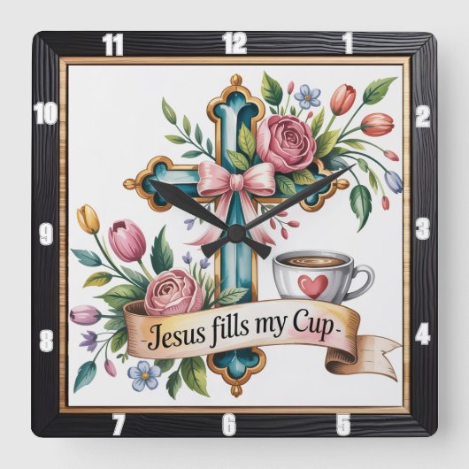 Jesus Cup Bloemenkruis Vierkante Klok (Voorkant)