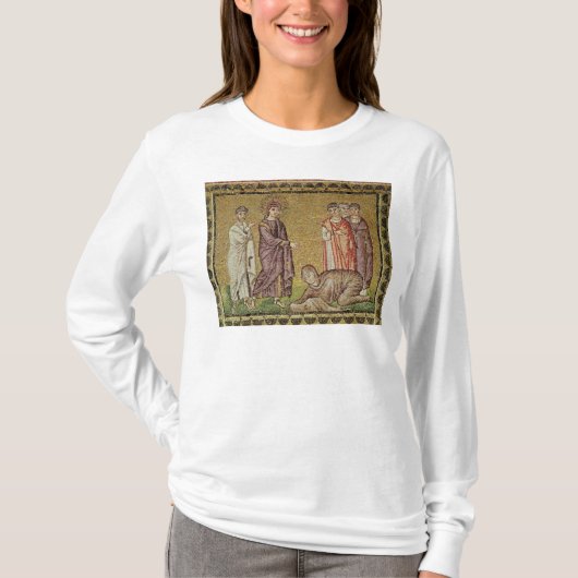 Jesus Cures de vrouw die bloeit T-shirt (Voorkant)