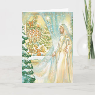 Jesus die bij Kerstmis door Sluier van Sneeuw Feestdagen Kaart