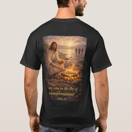 Jesus die vis aan de kust kookt T-Shirt (Achterkant)