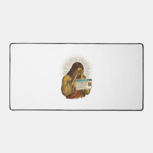 Jesus die zich geneert Tien jaar oude statusupdate Bureaumat