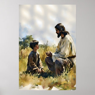 Jesus en kleine jongen die in het veld praten afdr poster