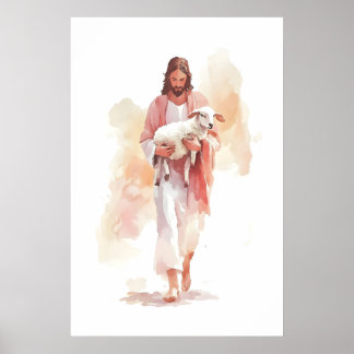 Jesus en Lam Waterverfprint Gelijkenis van De Poster