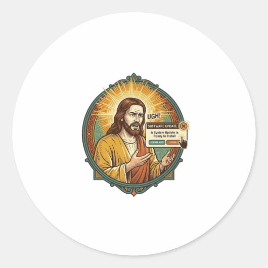Jesus Ergerlijke Software-update Pop-up Kantoor Hu Ronde Sticker (Voorkant)