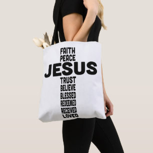 Jesus Faith Peace Believe Christelijk Zwart type Tote Bag