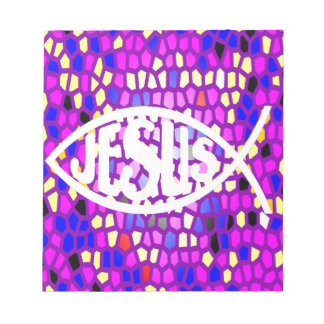 JESUS FISH ICHTHYS GLAS IN LOOD VENSTER PAARSE NOTITIEBLOK