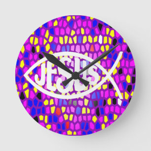 JESUS FISH ICHTHYS GLAS IN LOOD VENSTER PAARSE RONDE KLOK