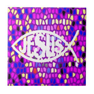 JESUS FISH ICHTHYS GLAS IN LOOD VENSTER PAARSE TEGELTJE
