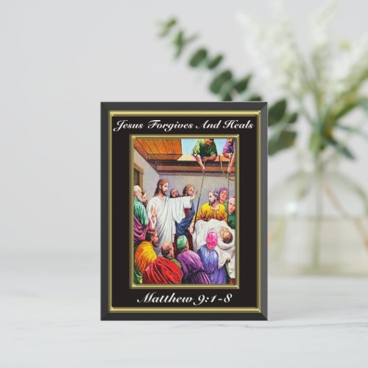 Jesus Forgave en heals Matthew 9:1-8 zwart Briefkaart (Staand voorkant)