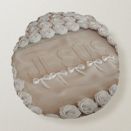 JESÚS geborduurd Sierkussen – 3D Render Beige Rond Kussen