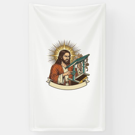 Jesus Gebroken Staande Bureaublad Vastgelopen Halv Spandoek (Verticaal)