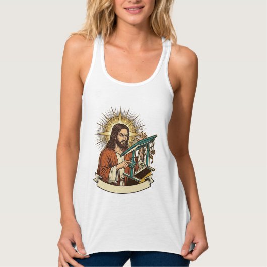 Jesus Gebroken Staande Bureaublad Vastgelopen Halv Tanktop (Voorkant)