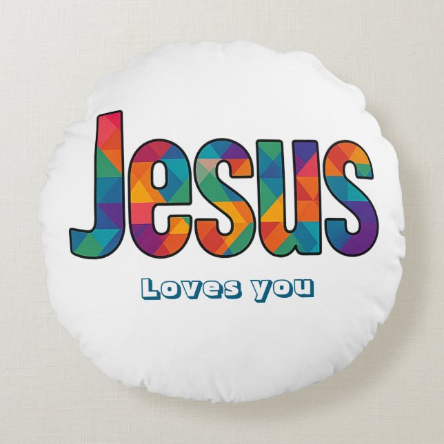 Jesus geometrisch patroon  rond kussen (Voorkant)