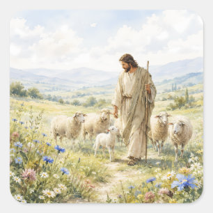 Jesus Goede Herder Waterverf Bloemenweide Vierkante Sticker