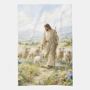 Jesus Goede Herder Wildbloem Aquarel Theedoek