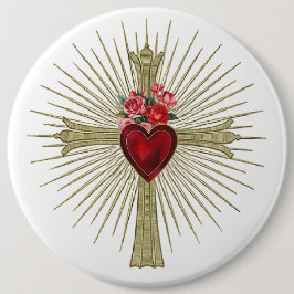 Jesus Gold Cross rood hart en rozen liefde Ronde Button 6,0 Cm