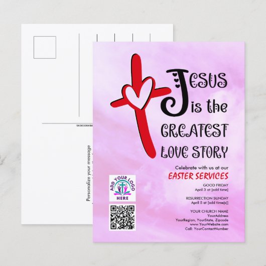JESUS GREATEST LOVE STORY Logo QR Code EASTER Uitnodiging Briefkaart (Voorkant / Achterkant)