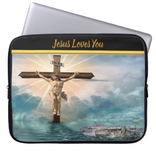 Jesus hangend aan een christelijk kruis laptop sleeve