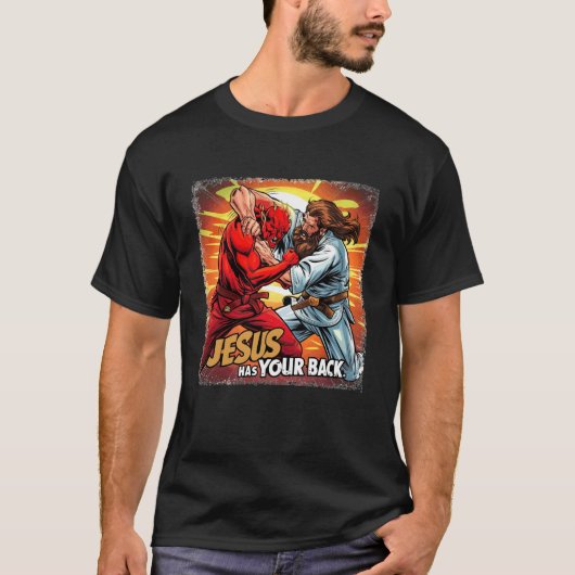 Jesus Has Your Back Jiu Jitsu Retro Christian Men T-shirt (Voorkant)