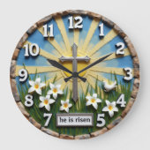 Jesus Hij Is Opgewekt Sunburst Grote Klok (Voorkant)