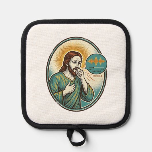 Jesus hoestend midden spraakbericht audiobericht s pannenlap (Voorkant)