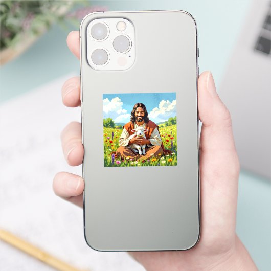 Jesus holding a Lamb | Religious Christian Sticker (Telefoon)
