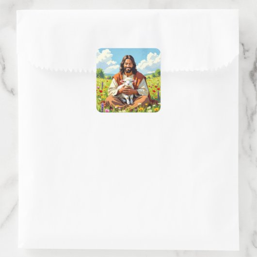 Jesus holding a Lamb | Religious Christian Vierkante Sticker (Tas)