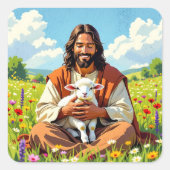 Jesus holding a Lamb | Religious Christian Vierkante Sticker (Voorkant)