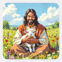 Jesus holding a Lamb | Religious Christian Vierkante Sticker