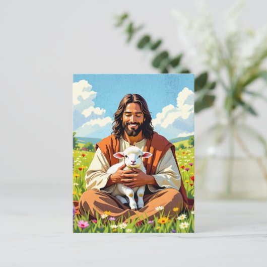 Jesus holding a Lamb | Religious Easter Briefkaart (Staand voorkant)