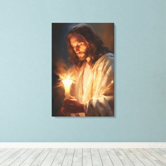 Jesus Holding Candle Canvas Print (Insitu (Houten vloer))