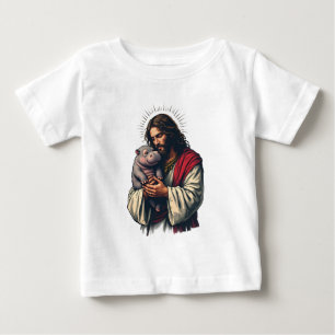 Jesus houdt een baby Moo Deng nijlpaard vast