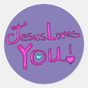 Jesus Houdt van Jou Roze Paars met Hart  Ronde Sticker