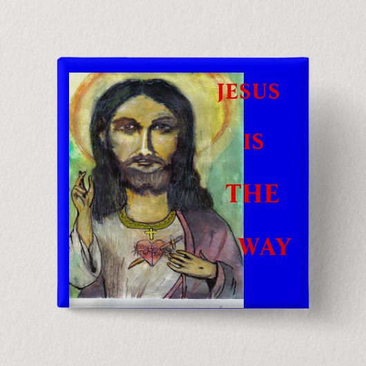 JESUS, IS, DE, MANIER VIERKANTE BUTTON 5,1 CM (Voorkant)