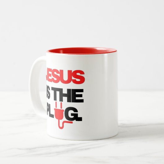 JESUS is de Plug-Mok Tweekleurige Koffiemok (Voorkant links)